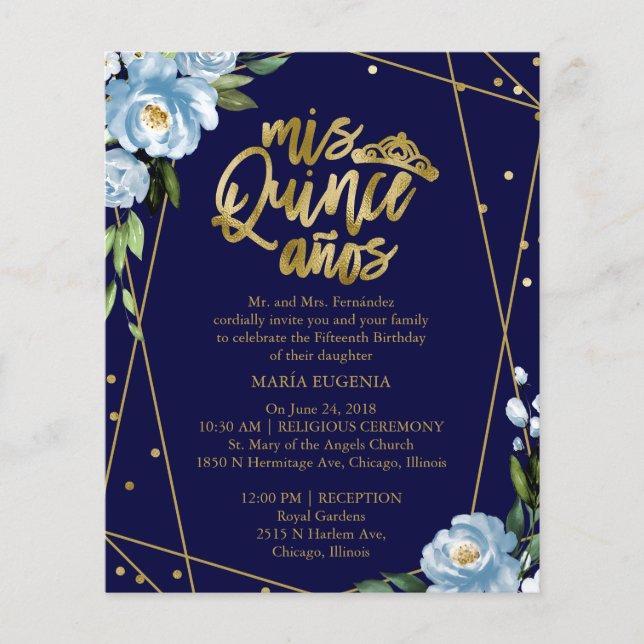 Budget Quinceanera Einladung zweisprachig dunkelbl (Vorderseite)