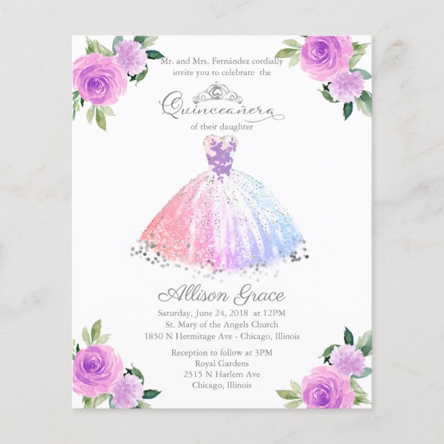 Budget Quinceanera Einladung zweisprachig farbig (Vorderseite)