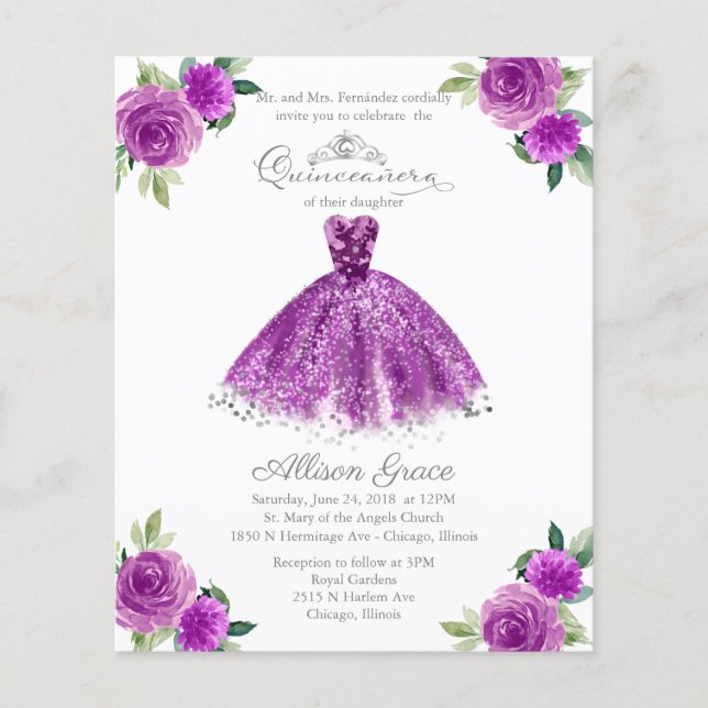 Budget Quinceanera Einladung zweisprachig Lila (Vorderseite)