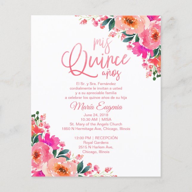 Budget Quinceanera Einladungen Spanisch Floral (Vorderseite)