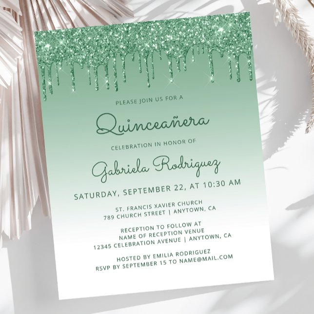 Budget Quinceañera Green Glitzer Tropfen Einladung (Von Creator hochgeladen)