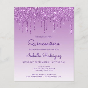 Budget Quinceañera Lila Glitzer Tropfen Einladung