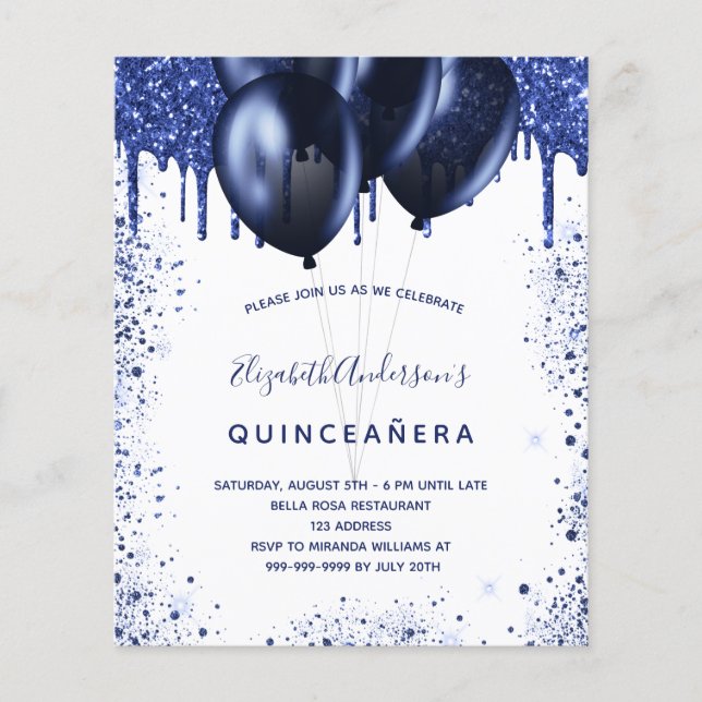 Budget Quinceanera Marineblau weiße Einladung (Vorderseite)