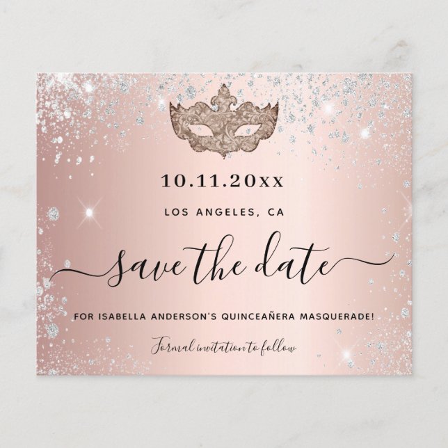 Budget Quinceanera Masquerade Rose Gold rett Datum (Vorderseite)