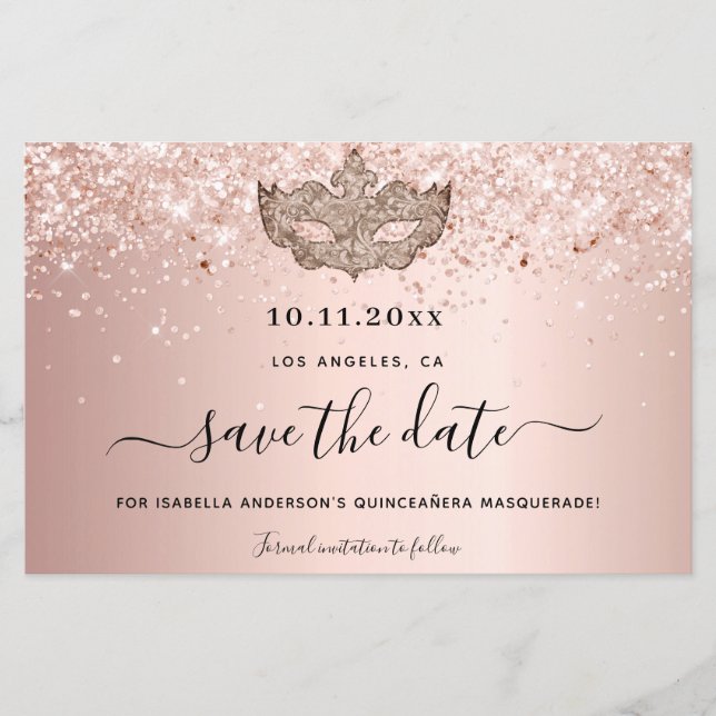 Budget Quinceanera Masquerade Rose Gold rett Datum (Vorderseite)