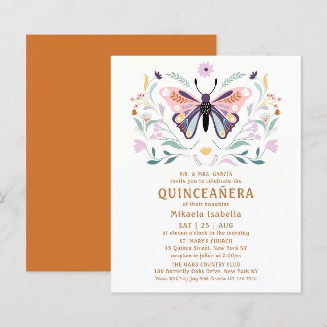 Budget Quinceañera Pink Lila Butterfly Floral (Vorne/Hinten)