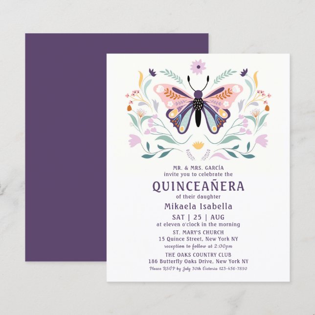 Budget Quinceañera Pink Lila Butterfly Floral (Vorne/Hinten)