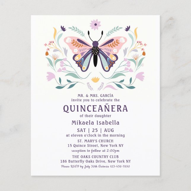 Budget Quinceañera Pink Lila Butterfly Floral Flyer (Vorne)