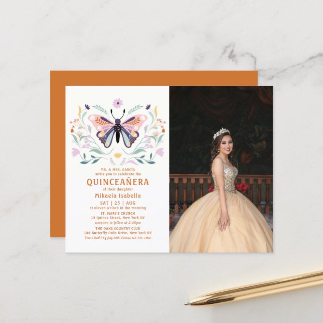 Budget Quinceañera Rosa Schmetterling Foto Blümche (Vorderseite/Rückseite Beispiel)