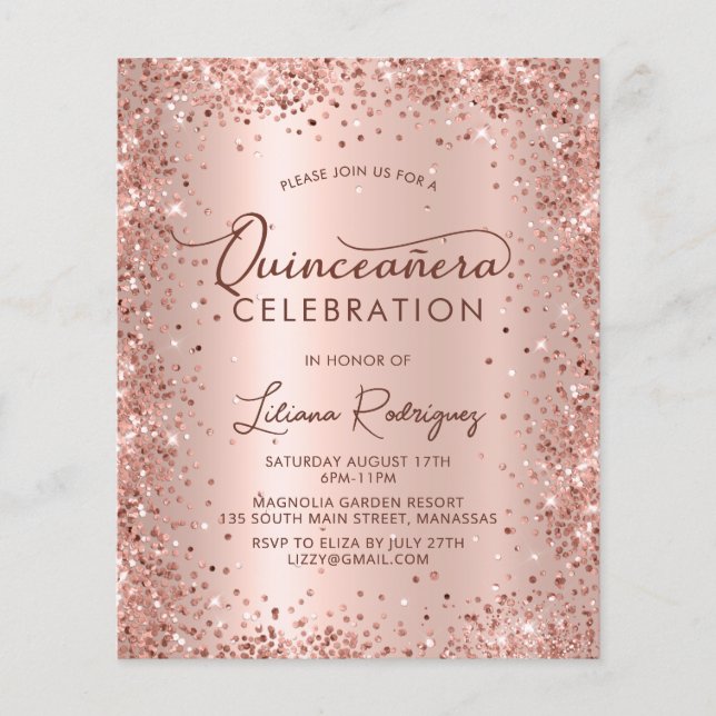 Budget Quinceanera Rose Gold Glitzer Einladung (Vorderseite)