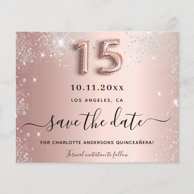 Budget Quinceanera Rose Gold Silber Save the Date (Vorderseite)
