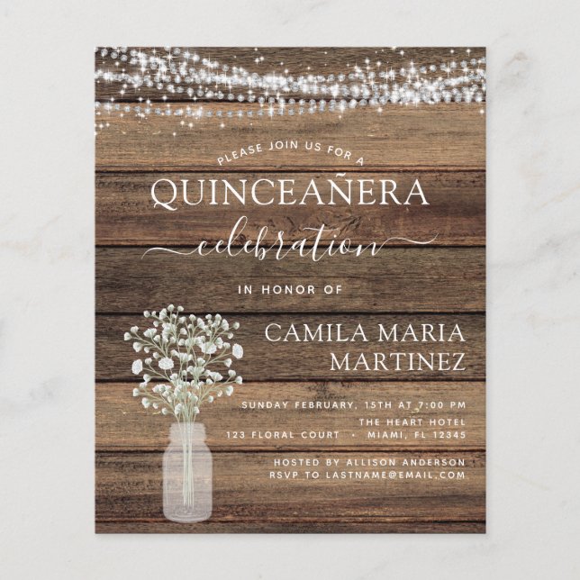 Budget Quinceanera Rustikales Gipskraut Einladung Flyer (Vorne)