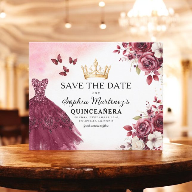 Budget Quinceanera Save the Date Blumenburgund Flyer (Von Creator hochgeladen)