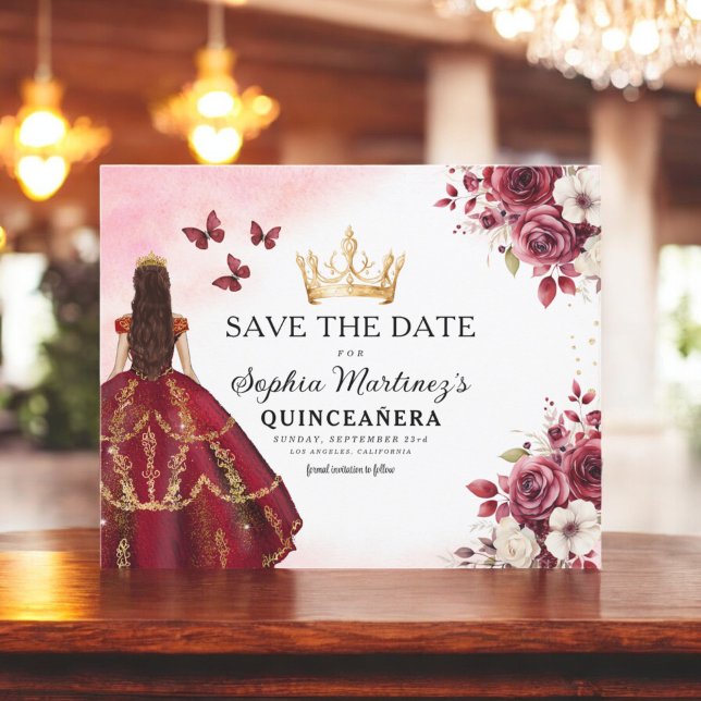 Budget Quinceanera Save the Date Blumenburgund Flyer (Von Creator hochgeladen)