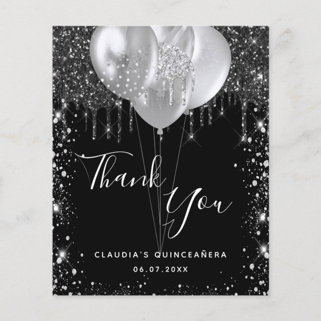 Budget Quinceanera schwarz Silber danke Karte (Vorderseite)