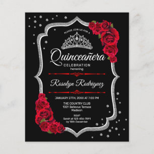 Budget Quinceanera - Schwarz-Silber-Rote Einladung Flyer