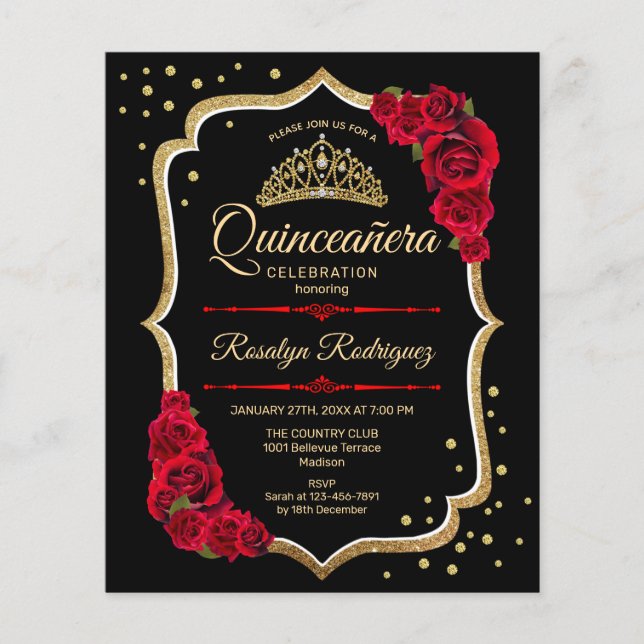 Budget Quinceanera - Schwarzes Rotes Gold Einladun Flyer (Vorne)