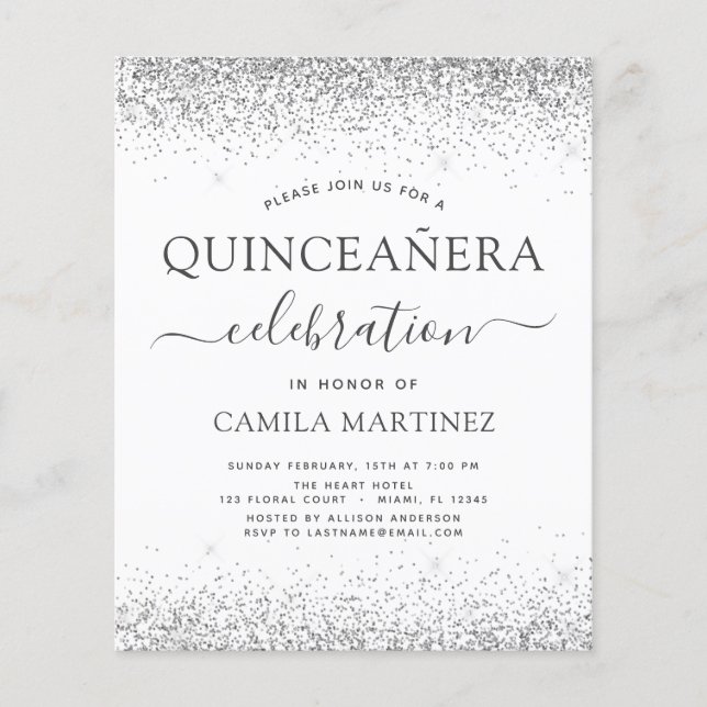 Budget Quinceanera White Silver Glitzer Einladung Flyer (Vorne)