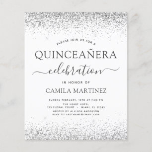 Budget Quinceanera White Silver Glitzer Einladung Flyer