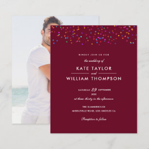 Budget Rainbow Confetti Burgundy Wedding Einladung