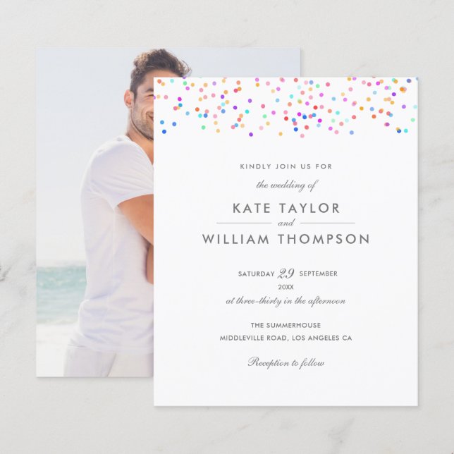 Budget Rainbow Confetti Foto Hochzeit Einladung (Vorne/Hinten)