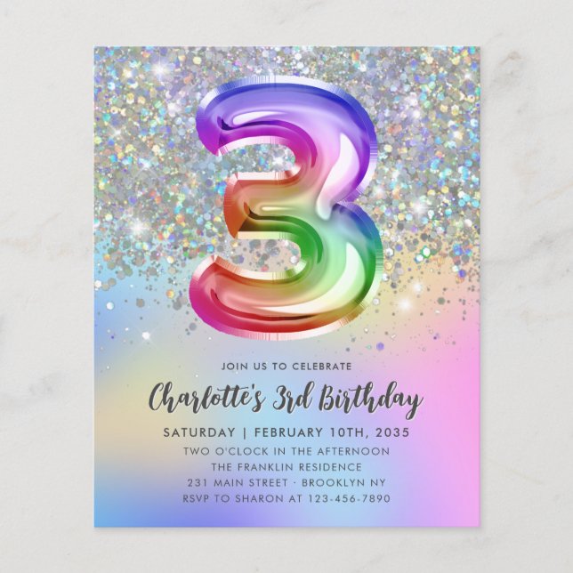 Budget Rainbow Glitzer Foil Balloon 3. Geburtstag (Vorderseite)