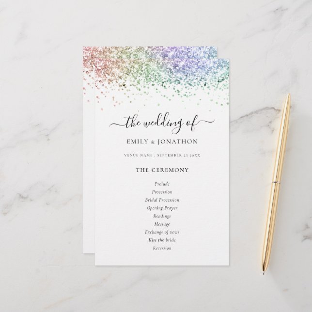 Budget Rainbow Glitzer Script Wedding Programm (Vorderseite/Rückseite Beispiel)