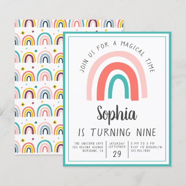 Budget Rainbow Magical Birthday Party Einladung (Vorne/Hinten)