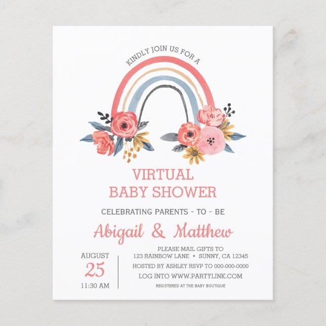 BUDGET Rainbow Virtual Baby Shower Einladung Flyer (Vorne)