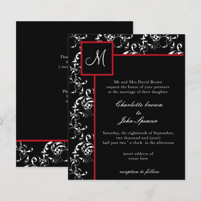Budget Red Black Damask Hochzeitseinladungen (Vorne/Hinten)