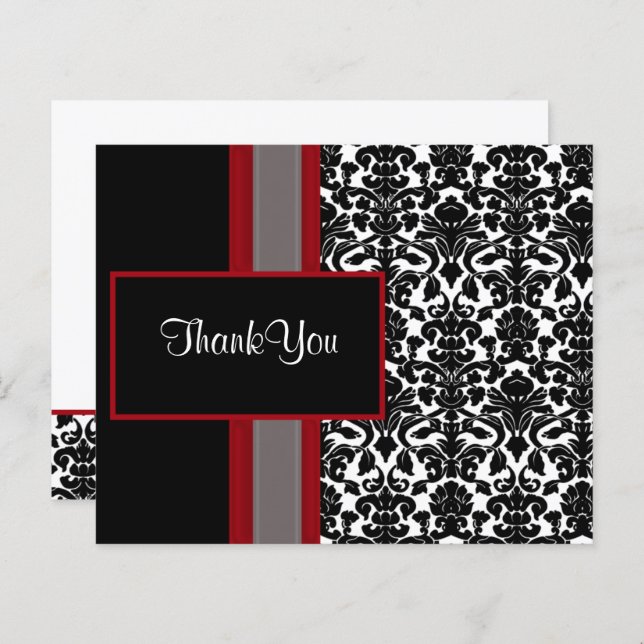 Budget Red Black Damask Wedding Danke Cards (Vorne/Hinten)