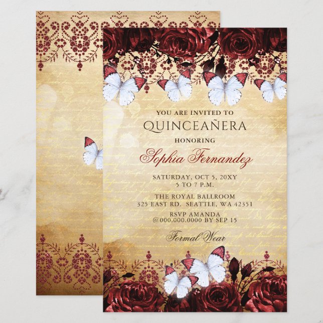 Budget Red Butterfly Quinceañera Einladung (Vorne/Hinten)