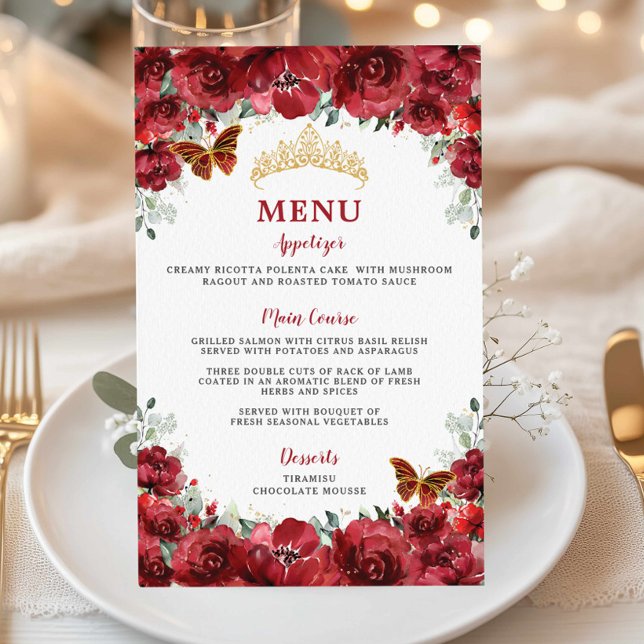 Budget Red Floral Gold Sweet 16 Quinceañera Menü (Von Creator hochgeladen)