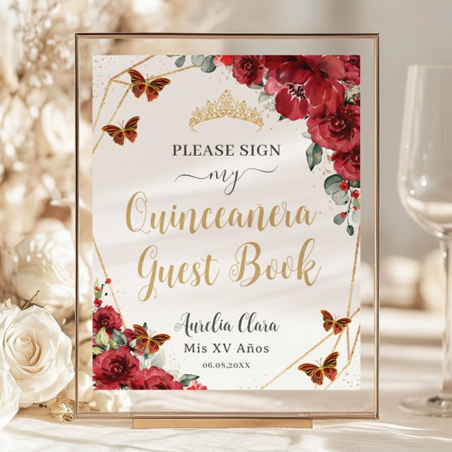 Budget Red Floral Quinceanera Birthday Gästebuch (red-floral-flowers-gold-butterflies-Quinceañera-15-xv-sweet-16-birthday-wedding-guest-book-sign)