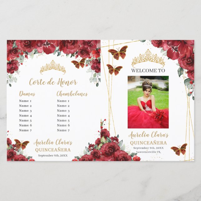 Budget Red Floral Quinceanera Photo Programmes de  (Devant)