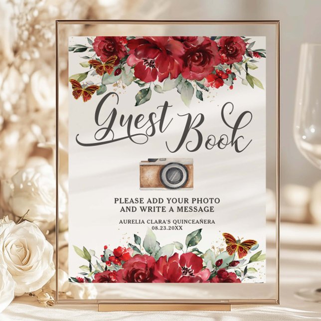 Budget Red Floral Quinceanera XV Guest Book Foto (Von Creator hochgeladen)