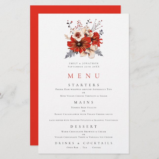 Budget Red Florals Foliage Wedge Menu (Vorne/Hinten)