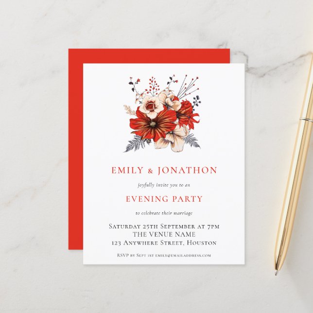 BUDGET Red Florals Wedding Abend Party Einladung (Vorderseite/Rückseite Beispiel)