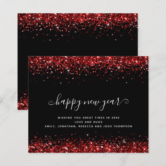 Budget Red Glitzer Black Happy New Year Card (Vorne/Hinten)