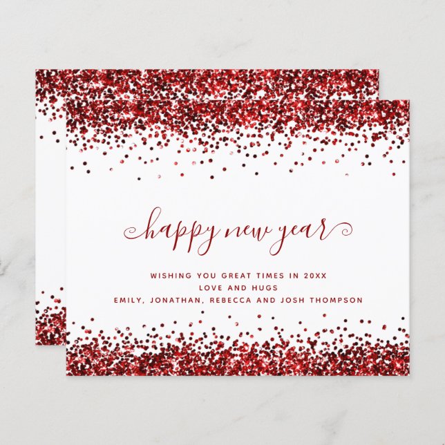 Budget Red Glitzer Borders Happy New Year Card (Vorne/Hinten)