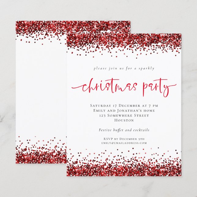 Budget Red Glitzer Script Weihnachts-Party Einladu (Vorne/Hinten)