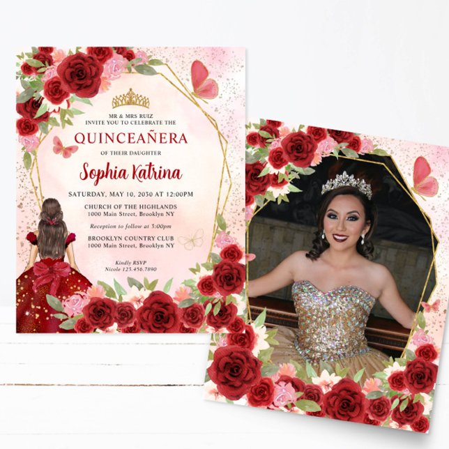 Budget Red Gold Floral Princess Quinceañera Foto (Von Creator hochgeladen)