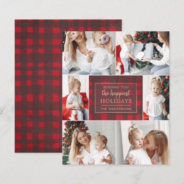 Budget Red Kariert 6 Fotos Collage Holiday Card (Vorne/Hinten)