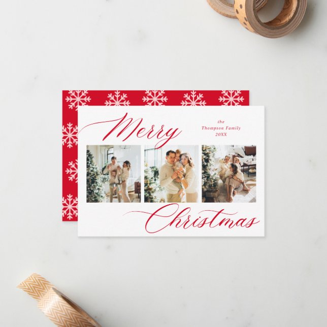 Budget Red Script Frohe Weihnachts Foto Collage Mitteilungskarte (Vorderseite/Rückseite Beispiel)