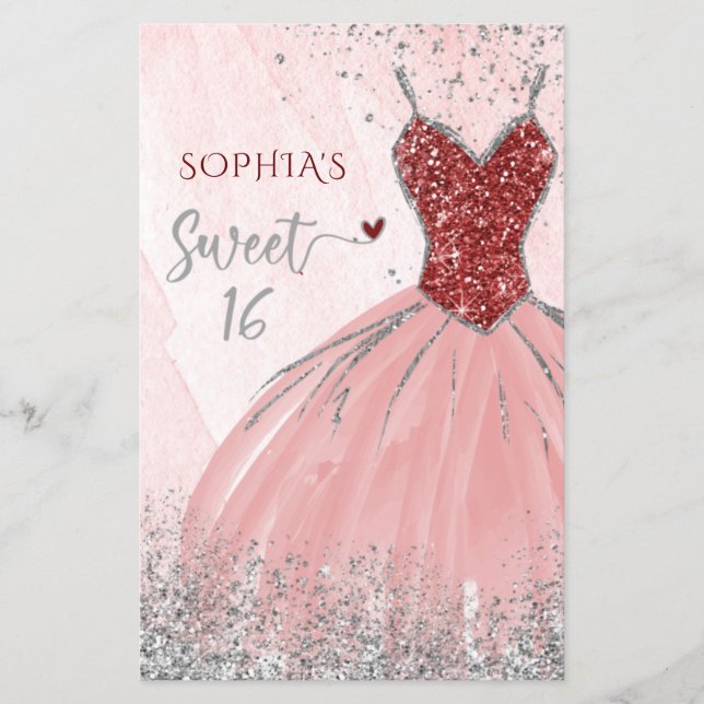 Budget Red Silver Dress Sweet 16 Einladung (Vorderseite)