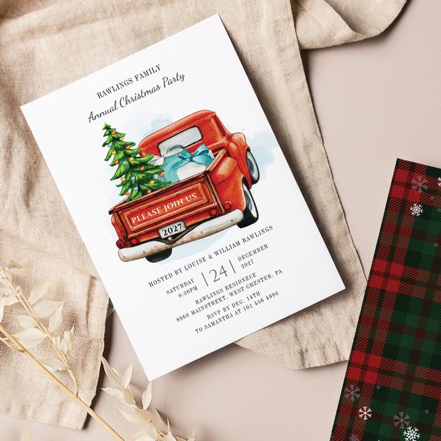 Budget Red Truck Weihnachts-Party Einladung Flyer (Red Truck Family Christmas Party Invitation)