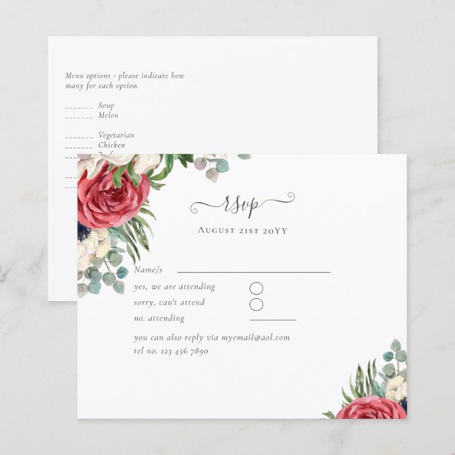 Budget Red White Blue Floral Wedding RSVP (Vorne/Hinten)