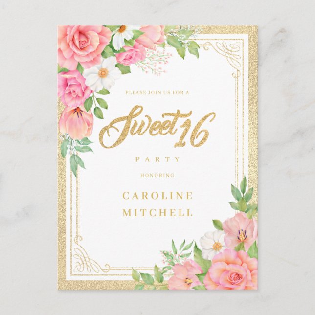 Budget Rosa Aquarellfarben Blütenelegante Süße 16 Einladungspostkarte (Vorderseite)