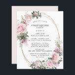 Budget Rosa Blütensüß 16 Party Einladungen<br><div class="desc">Schöne und elegante 16 . Geburtstag Party Einladung. Rose in Rosa sind in weißen Hydrangea-Blume und im Grünen eingebettet. Zusammen schmücken sie einen eleganten ovalen Goldrahmen. Der Text ist eine Kombination aus aufrechten und kursiven Schriftart. Einfach anzupassen. Sie können den Schriftart, die Größe und Farbe des Schriftartes sowie die Farbe...</div>