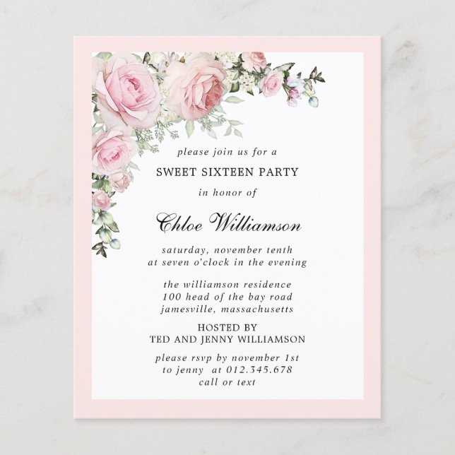Budget Rosa Blütensüß 16 Party Einladungen (Vorderseite)